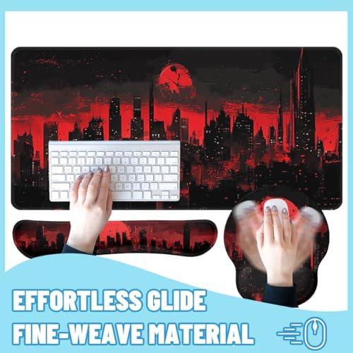 Dark City Desk Mat Set Red Moon Gothic Skyline Neon Mouse Pad with Wrist Rest 4in1 Desk Mat for Desktop Ergonomic Computer Desk Arm Wrist Anti-Slip Computer Ergonomic Mouse Pad Home Office Gaming - Image 4