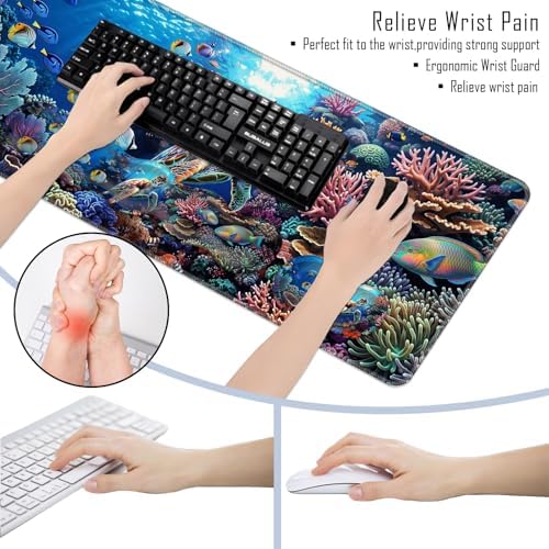 TGFEWYTJYJ Extended Gaming Mouse Pad,Memory Foam Ergonomic Keyboard Mouse Wrist Rest Support Set,Large Desk Mat with Stitched Edges,Non-Slip Base Mousepad Home Office,Sea Turtle Under Water - Image 6