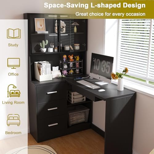 43.3" Black L Shaped Office Desk with Glass Cabinets and Drawers - Image 3