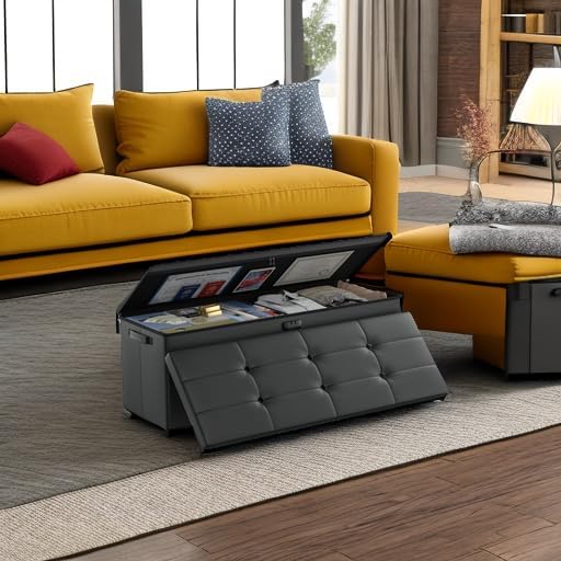 DocSafe Storage Ottoman Bench,Fireproof＆Waterproof Folding Bench with Lock(15”x 43”x15”),Leather Storage Chest with Handles＆2 Extra Boxes,Ottoman Safe for Bedroom,Living Room,Home Office,Black - Image 2
