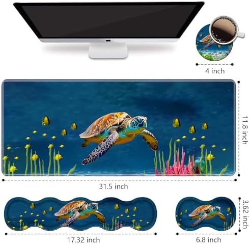 Ergonomic Keyboard Wrist Rest and Mouse Pad Wrist Rest Set, Large XXL Gaming Mousepad 31.5"x 11.8", Memory Foam, Easy Typing Pain Relief, Multifunctional Desk Mat for Office & Home, Sea Turtle - Image 2
