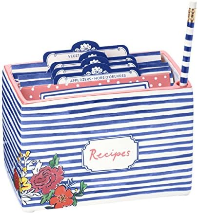 C.R. Gibson White and Blue Striped Floral Recipe Box, with Tab Dividers and Coordinating Recipe Cards, 53pc, 6.5'' W x 4.75'' H x 4.25'' D by CRGibsonSignature