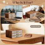 Stackable Modular Desktop Drawer Organizer, Aged Vintage Wood Grey 3-Drawer Storage Unit with Label Pull Handles, 2 Tone Wooden Japandi Style, Expandable by Adding More Units for Clutter-Free Spaces - Image 5