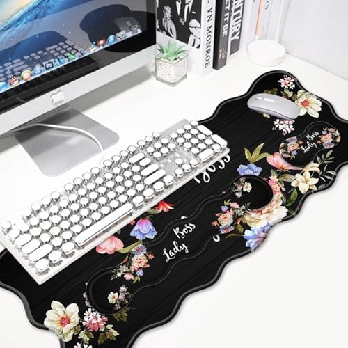 4 in 1 Desk Mat Set,Mouse Pad with Keyboard Wrist Rest,Wave-Shaped Design,Non-Slip Rubber Base,Waterproof,for Home,Office,Gaming,Flower Boss Lady - Image 3