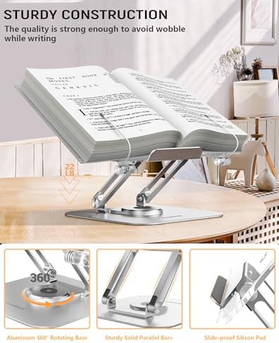 ACIsland Acrylic Book Stand for Reading-Adjustable Holder with 360° Rotating Base & Page Clips- Foldable Desktop Ricer for displaying Cookbook-Sheet Music-Laptop-Recipe-Textbook-Hands Free-Aluminium - Image 4