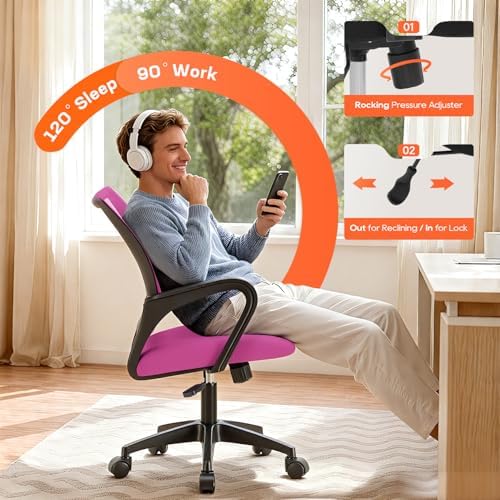 BestOffice Ergonomic Office Chair | Mid-Back Swivel Desk Chair | Pink - Image 4