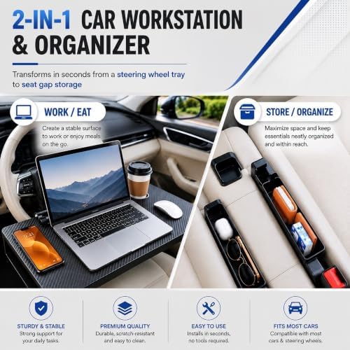 Steering Wheel Tray, Carbon Fiber 2-in-1 Car Tray & Seat Gap Filler, Car Desk, Car Laptop Desk, Car Desk for Laptop, Food Tray for Car, Steering Wheel Desk, Car Table, Universal Car Tray Organizer - Image 3
