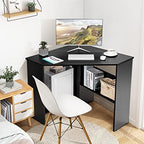 COSTWAY Corner Computer Desk, Space-Saving Triangular Writing Desk w/ 2 Storage Shelves & 2 Cable Holes, Multi-Functional Console Table for Small Space in Home Office, Living Room, Bedroom (Black) - Image 2