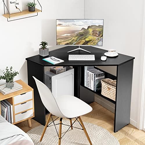 COSTWAY Corner Computer Desk, Space-Saving Triangular Writing Desk w/ 2 Storage Shelves & 2 Cable Holes, Multi-Functional Console Table for Small Space in Home Office, Living Room, Bedroom (Black) - Image 2