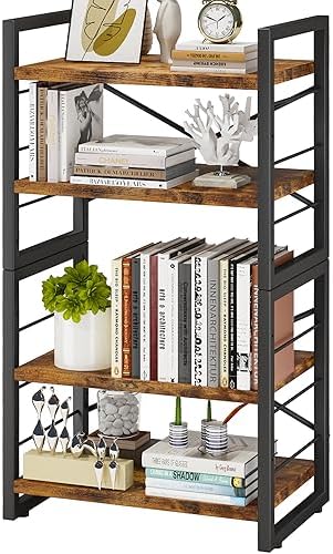 Homeiju Bookshelf, Dorm Desk Hutch, Desk Shelf Organizer, 4 Tier Stackable Bookcase, Adjustable Industrial Book Shelf Storage Organizer for Desktop, Living Room, Bedroom, Office,Rustic Black and Brown by Homeiju
