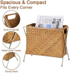 BTSKY Handwoven Magazine Holder, Natural Seagrass Magazine Basket with Metal Rack, Mail Holder Floor Organizer for Office, Living Room, Dorm, Bathroom, Woven Rattan File Basket with Handle(Caramel) - Image 4