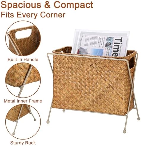 BTSKY Handwoven Magazine Holder, Natural Seagrass Magazine Basket with Metal Rack, Mail Holder Floor Organizer for Office, Living Room, Dorm, Bathroom, Woven Rattan File Basket with Handle(Caramel) - Image 4