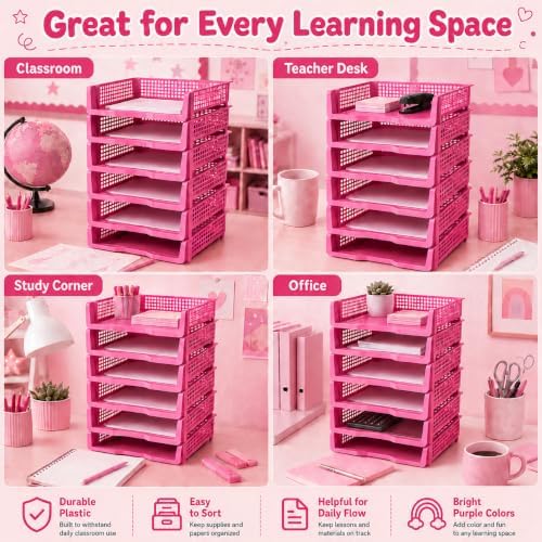 6 Pcs Purple Turn in Trays Classroom, Stackable Paper Bins for Classroom, 13x9x2.8 inch Plastic Baskets Desktop Organization System Office (Purple) - Image 5