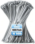 XINGO 1000 PCS PCS Silver Zip Ties 16 Inch, 60 LBS Tensile Strength, Self-Locking Nylon Plastic Nylon PA66 Wire Ties for Indoor and Outdoor Use by XINGO