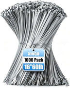 XINGO 1000 PCS PCS Silver Zip Ties 16 Inch, 60 LBS Tensile Strength, Self-Locking Nylon Plastic Nylon PA66 Wire Ties for Indoor and Outdoor Use by XINGO