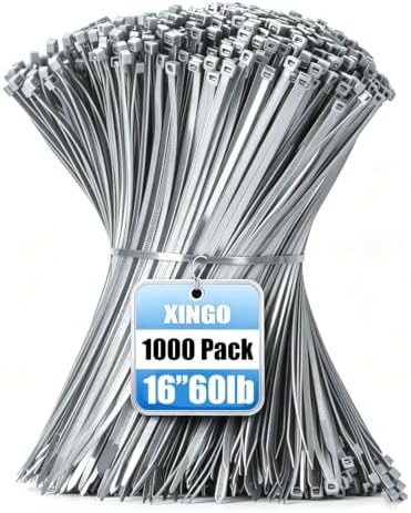 XINGO 1000 PCS PCS Silver Zip Ties 16 Inch, 60 LBS Tensile Strength, Self-Locking Nylon Plastic Nylon PA66 Wire Ties for Indoor and Outdoor Use by XINGO