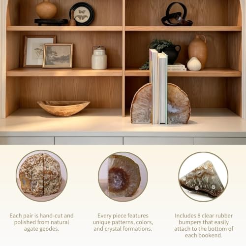 Natural Agate Geode Bookends Pair - 2-3 lbs Heavy Duty Small Crystal Bookends for Shelves | Non-Slip Decorative Book Ends for Heavy Books | Home Office Decor - Image 3