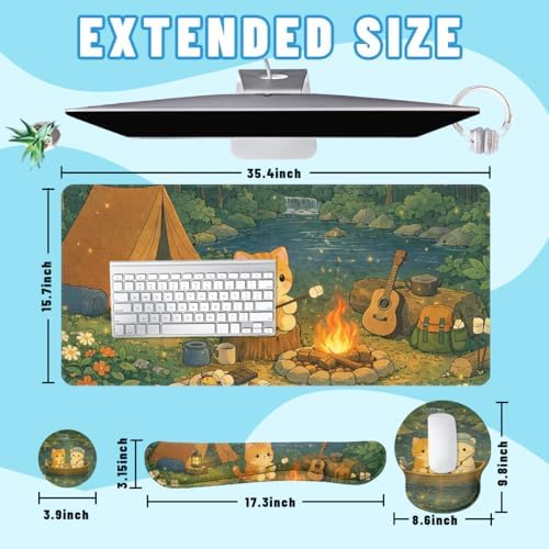 Cute Cat Desk Mat Set Cozy Camping Large Mouse Pad with Wrist Rest 4in1 Desk Mat for Desktop Ergonomic Computer Desk Arm Wrist Anti-Slip Computer Ergonomic Mouse Pad Home Office Gaming - Image 2