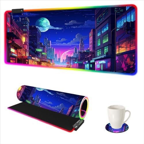 AIMSA RGB Gaming Mouse Pad, Large Mousepad with 14 Led Light Modes, Keyboard Pad Gaming Accessories for Desk, Non-Slip Rubber Base Mouse Mat for Gamer, Modern Urban Night Scene by AIMSA