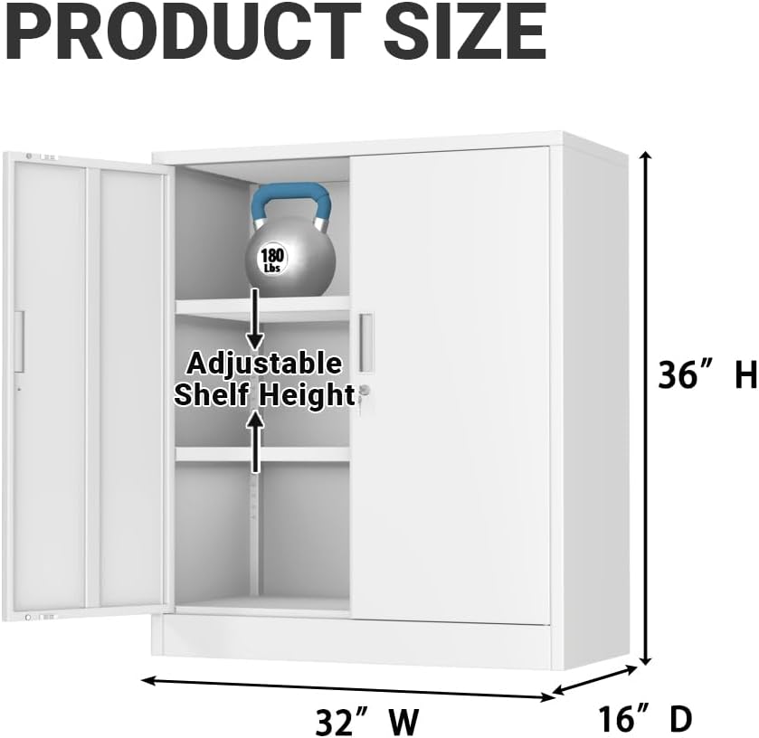 CJF Metal Storage Cabinet, 36" H Locking Storage Cabinet with Shelves and Doors for Home Office, Garage, Utility Room, Entryway(White) - Image 3
