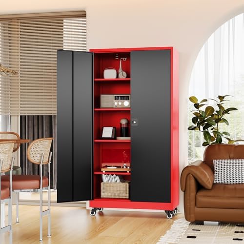 Fesbos Metal Rolling Storage Cabinet-74.6” Tall Steel File Cabinets with Wheels Lockable Doors and Adjustable Shelves-Black & Red Steel Storage Cabinet for Home, School, Office, Garage - Image 6