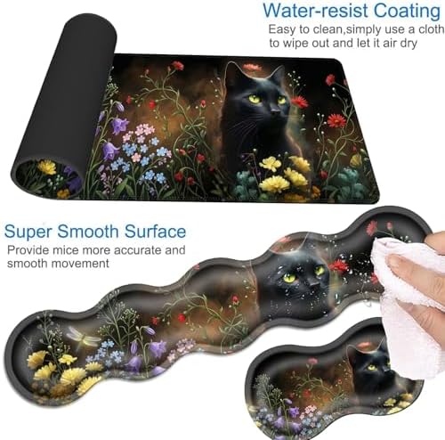 Desk Mat, Mouse Pad with Wrist Rest, 4-in-1 Large Mouse Pads for Desk, Ergonomic Mouse Pad and Keyboard Wrist Rest Gaming Keyboard Mat for Office,Black Cat - Image 3