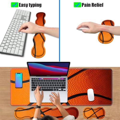 4 in 1 Ergonomic Keyboard Wrist Rest & Mouse Pad Wrist Rest Set, Large XXL Gaming Desk Mat 31.5"x 11.8" with Non-Slip Base, Memory Foam for Home Office Study Gaming, Basketball Surface - Image 6