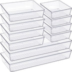 Criusia Drawer Organizer, 10 Pack Large Clear Plastic Set, 3 Size Versatile Bathroom and Vanity Organizer Trays, Storage Bins for Makeup, Bedroom, Kitchen Utensils by Criusia