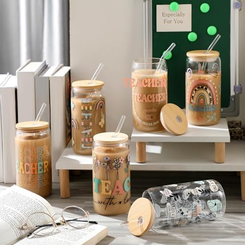 6 Pcs Back to School Teacher Gifts Bulk, 16 oz Glass Cups with Lid and Straw, Teacher Appreciation Can Shaped Drinking Glasses, Coffee Tumblers for First Day of School Classroom Party Favors - Image 2