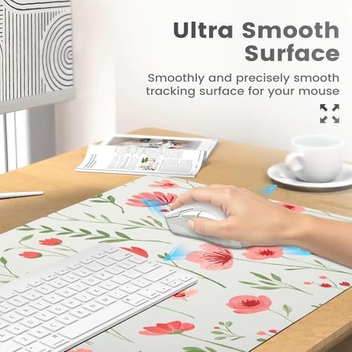 Watercolor Poppy Office Desk Mat 31.5" x 15.7" Desktop Mat PU Leather Large Mouse Pad White Mousepad Non-Slip Table Mat for Girls, Women, Home, Work, Computer, and Gaming - Image 4