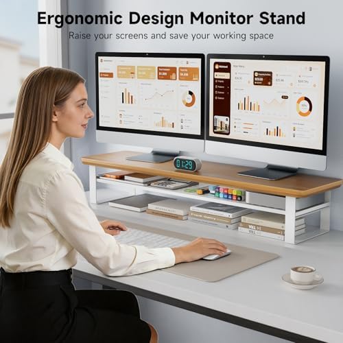 Dual Monitor Stand, 35.4 Inch Monitor Stand Riser for 2 Monitors, 2 Tiers Wood Desk Shelf with Storage, Desktop Organizer Stand for Computer, Laptop, Printer, TV - Image 6