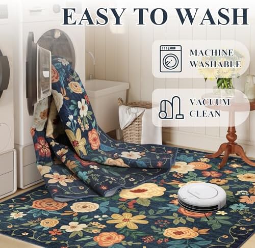 DUKINO 2.6x12 Kitchen Runner Rug, Floral Non Slip Washable Rug, Navy Blue - Image 5