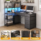 Garvee L Shaped Gaming Computer Desk with 6 Fabric Drawers, Corner Gaming Desk with Open Shelves, Home Office PC Table with Power Outlets & LED Lights, 58.3" l*54.3" h, Black - Image 3