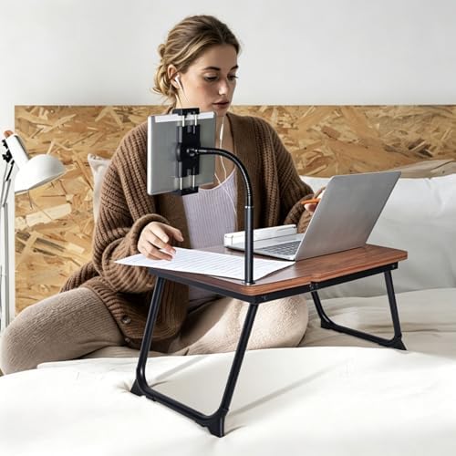 Foldable Lap Desk for Bed and Sofa, Portable Laptop Desk with Gooseneck Phone Stand, Cup Holder & Mouse Pad Extension, Extra Large Bed Desk Tray fits up to 17" Laptops (Walnut) - Image 2