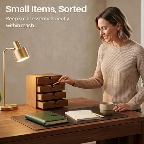 Flexzion Wood Desktop Organizer with Drawers, Desktop Storage Drawers Wood Cabinet, 4-Drawer Wooden Card Catalog Cabinet for Office, Crafts, Jewelry, Stationery, Vintage Brown (Pack of 2) - Image 7