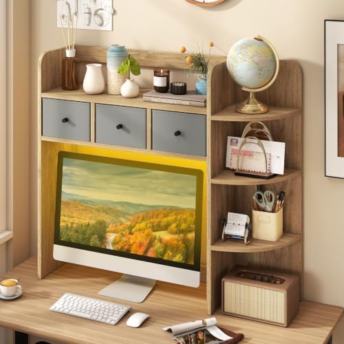 Tangkula Desktop Bookshelf with LED Lights, Dorm Desk Hutch, Natural - Image 2