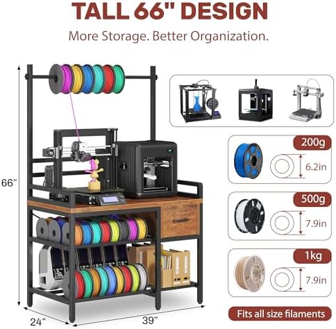 3D Printer Stand with Filament Storage – Tall 66" Heavy Duty Metal 3D Printer Table with Power Hub, Drawer & X-Bracket Stability for Workshop, Studio, Office - Image 2