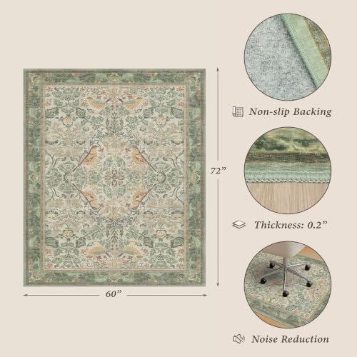 JTJ 5x6 Office Rug, Sage Green Botanical, Washable Non Slip - Image 2