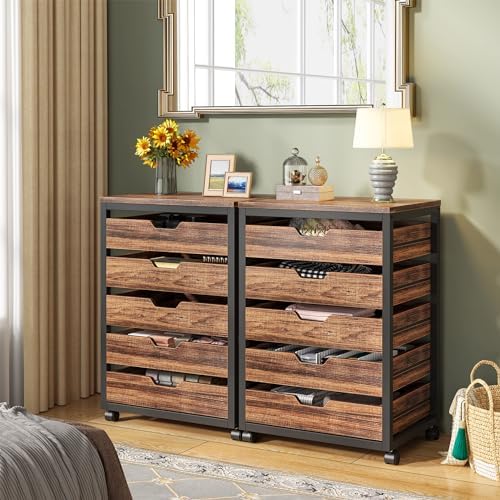 Tribesigns 5-Drawer File Cabinet, Wood Mobile Storage Drawer, Rustic Brown - Image 5