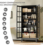 COFaR 71" Black Metal Pantry Cabinet with Glass Doors for Living Room - Image 6