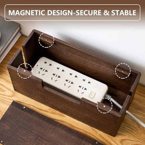 Oak Wood Cable Management Box - Large Cord Hider & Organizer with Magnetic Lid for Desk & Floor Cables in Home Office, Living Room, Bedroom (Walnut) - Image 4