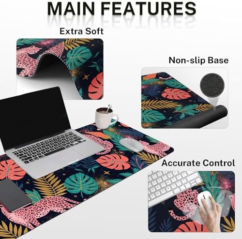 Arttown Keyboard Mouse Pad Set, 4 in 1 Desk Mat Set Leopard Tropical - Image 3