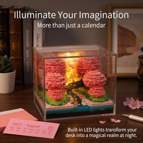Time Piece Calendar 2027 Desk Calendar with LED Light 3D Tear-away Paper Carving Art Memo Pad Notepad Gift for Christmas Housewarming Desktop Decoration (Peach forest) - Image 5