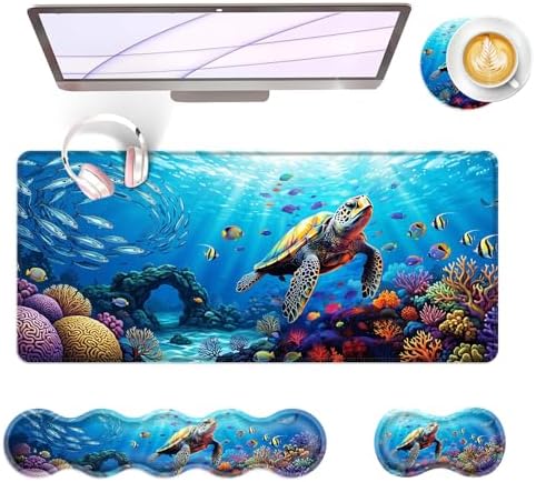 Large Keyboard Mouse Pad Set, Extended Mouse Pad+Keyboard Wrist Rest Support, Memory Foam Ergonomic Easy Typing, 4Pcs (31.5×11.8 in) Desk Pad Set for Office Home,Sea Turtle by Unknown