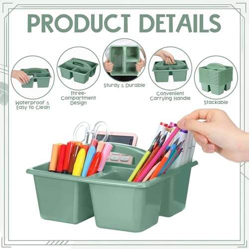 Geetery 12 Pack Eucalyptus Green Plastic Portable Storage Caddy, Sturdy 3 Compartment Table Organizer Caddy with Handle for Home Office Bathroom Countertop Vanity Desk Utility Supplies Storage - Image 3