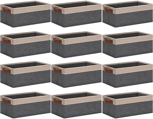 GhvyenntteS Small Fabric Storage Bins 12 Pack, 11.8" x 7.87" x 5.11" Storage Basket with Leather Handles, Closet Storage Bins for Shelves, Storage Baskets for Shelves, DVD Storage (Grey&Beige Yellow) by GhvyenntteS