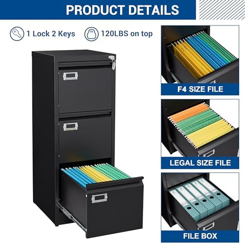 Fesbos Vertical File Cabinets - 3 Drawers 17.8" Deep Lockable Filing Cabinet - Metal Storage Cabinets for Home Office to Hanging Files Letter/Legal/F4/A4 Size - Image 5