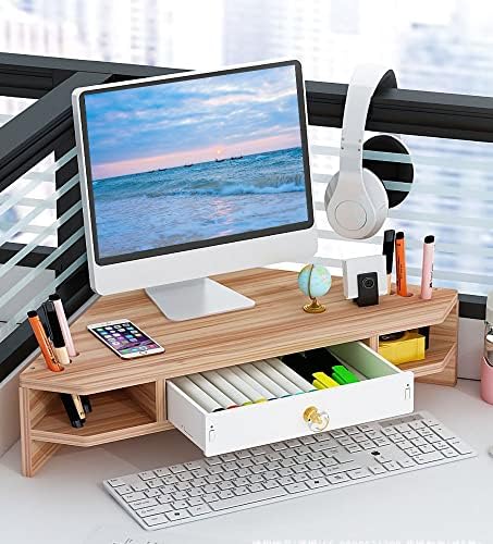 Triangle Monitor Riser,Cut Triangular Computer Monitor Desktop Corner Stand,Desktop Corner Shelf With Drawers Wooden Computer Stand With Storage Laptop Risers Office Organization. - Image 2