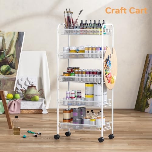 TOOLF 5 Tier Rolling Cart, Metal Utility Storage Cart with Wheels, White - Image 5