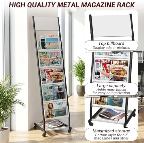 Floor Standing Magazine Holder with 5 Pockets, Journals, Brochure & Literature Display Holder for Trade Shows, Exhibitions, Office, and Shopping Malls, Black - Image 3
